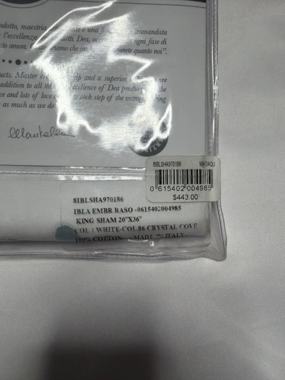 NWT Dea Linens Ibla Embroidery Sham White /Aqua Size King Sham